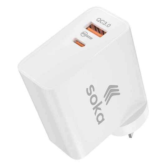 Soka 65W Gan3 Fast Wall Charger Adapter [USB C + USB A] - White