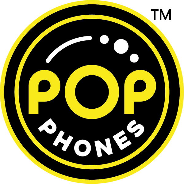 A circular black, yellow, and white logo reading 'POP PHONES' with a TM mark in the top right, shown on a plain white background.